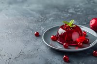 Vibrant red cranberry jelly dessert on gray plate with fresh berries scattered around, garnished with mint leaves on textured concrete background.