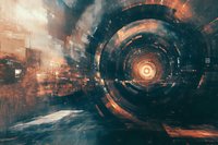 Abstract cosmic portal with orange and dark tones creates mysterious futuristic atmosphere above planet surface, featuring circular tunnel effect and digital distortion.