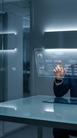 Businessman in dark suit interacting with holographic digital interface displaying data analytics and charts in modern office environment with glass partitions and ambient lighting.