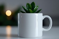 Small green succulent plant growing in white ceramic coffee mug against blurred background with soft bokeh light, modern minimal home decor composition.