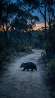 Wombat crossing dirt path at dusk in Australian bush with eucalyptus trees and golden sunset sky creating peaceful wildlife scene for nature photography.