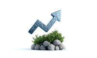 Upward arrow graph symbol with green plants and stones representing business growth, financial success, and sustainable development on white background.