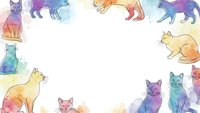Watercolor cats frame border with colorful feline silhouettes in rainbow hues creating decorative space for text or design elements.