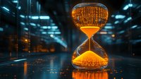 Glowing hourglass with digital binary code pattern on dark background, orange light streaming through glass, symbolizing time and technology concept.