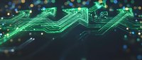 Glowing green upward arrows with circuit board lines on dark background, representing financial growth, stock market gains, and digital business success metrics.