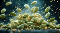 Green cardamom pods bursting with aromatic seeds against dark background with golden spice dust particles floating in dramatic lighting, macro food photography.