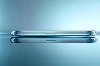 Modern smartphone edge view showing sleek metallic frame and buttons on gradient blue background, minimalist tech composition for advertising and design.