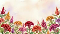 Watercolor celosia flowers border in vibrant red, orange, purple and pink tones on soft pastel background for cards and banners.