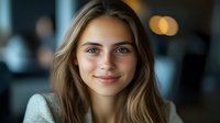 Young blonde woman with natural makeup smiling warmly at camera in modern office environment with soft bokeh lighting for professional headshot.