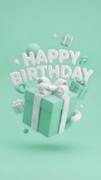 Happy birthday greeting card with mint green gift boxes, white bow, balloons, and bold text on a pastel turquoise background for celebration design.