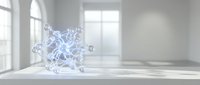 Abstract geometric crystal structure with transparent faceted surfaces floating in modern minimalist interior with natural lighting and clean architecture.