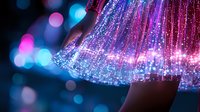Glowing fiber optic dress with sparkles and bokeh lights creates magical atmosphere in pink and blue tones. Ethereal fashion detail shot against dark background.