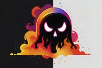Menacing skull silhouette emerging from colorful flames and smoke against split black and white background, featuring glowing pink eyes and dripping effect for gaming designs.