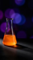 Laboratory flask with orange chemical solution against purple bokeh lights background for scientific research and chemistry experiments.