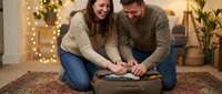 Couple unpacking vintage suitcase together during festive holiday season at home with warm string lights and decorated interior background.