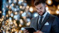 Young Caucasian businessman in dark suit checking digital tablet with blurred bokeh lights in background, professional corporate lifestyle portrait.