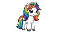Cute cartoon unicorn with rainbow mane and tail on white background. Colorful magical pony character isolated for children designs, stickers, clipart.