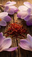 Purple crocus flowers surrounding red saffron threads on rustic wooden background. Culinary spice and spring blooms arrangement for cooking and food photography.