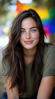 Young Hispanic woman with long brown hair smiling warmly in olive green shirt with colorful rainbow flag background for pride celebration and diversity.