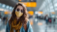 Young woman wearing protective face mask and sunglasses in airport terminal during pandemic travel with blurred passengers in background.