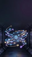 Neon glowing orbital paths with AI and technology icons spiraling in futuristic corridor, representing artificial intelligence, data processing, and digital innovation for tech concepts.