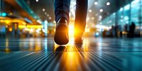 Walking feet on illuminated floor with dramatic sunset light streaming through, creating glowing effect against modern urban background with bokeh lights.