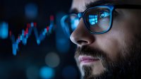 Professional trader in glasses looking at financial market charts with blue trading data reflection, dark dramatic lighting creates modern business atmosphere.