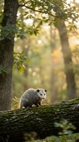 Adorable opossum sitting on mossy log in sunlit forest with golden bokeh light filtering through green foliage creating peaceful woodland atmosphere.