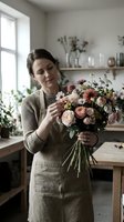 Young Caucasian female florist arranging mixed flower bouquet in bright workshop studio. Professional woman in apron creating floral arrangement for wedding or gift.