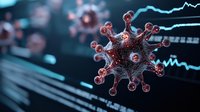 Red microscopic virus cell floating against blue digital medical data background with glowing light effects and dynamic motion blur for healthcare concept.