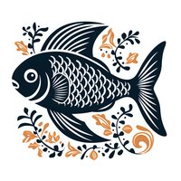 Decorative fish silhouette with floral elements in navy blue and coral orange on white background, folk art style design for prints and patterns.