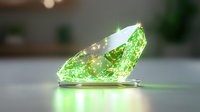 Luminous green diamond gemstone with sparkling light effects on reflective surface against blurred background, showcasing luxury and brilliance in jewelry design.