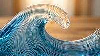 Glass wave sculpture with flowing blue and clear curves creating dynamic ocean-inspired art piece on wooden surface for modern interior design and decoration.