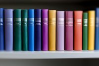 Colorful row of books arranged on white shelf, spines showing in vibrant shades of blue, purple, yellow, pink, and green, creating rainbow effect in library setting.