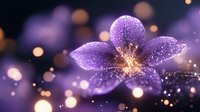 Magical purple flower with sparkling glitter effects and golden bokeh lights on dark background for fantasy design projects.