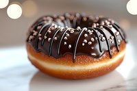 Fresh baked donut covered in dark chocolate glaze with white sprinkle decoration on light background, close up view of sweet pastry dessert.