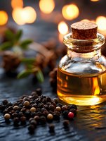 Glass bottle with essential oil and black peppercorns on dark background with golden bokeh lights and green leaves, aromatic spice composition.