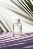 Elegant fragrance bottle with palm leaf shadow on white background, minimalist cosmetic product photography for luxury beauty and wellness advertising.