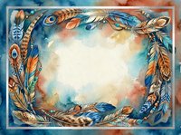 Watercolor feather wreath frame with blue, orange, and gold tones on textured background. Isolated design element for invitations, posters, and creative projects.