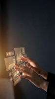Hands of a professional interacting with floating holographic data analytics displays showing financial charts and graphs in dark environment.