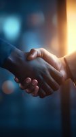 Close-up of business handshake between diverse professionals against blurred blue and gold background, symbolizing partnership and agreement.