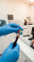 Medical technician hands in blue latex gloves holding blood sample tube in modern laboratory for testing and analysis.