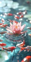 Pink water lily blooming in tranquil pond with orange koi fish swimming beneath sparkling water surface, creating serene aquatic scene.