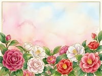 Watercolor camellia flowers border with pink, white, and red blooms on soft pastel background, copy space for greeting cards and invitations.