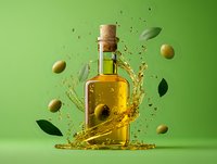 Glass bottle with golden olive oil splash and floating olives against green background, dynamic liquid motion with scattered leaves and droplets.