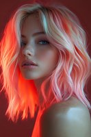 Young woman with blonde wavy hair illuminated by vibrant red and blue neon lighting against dark red background, creating dramatic portrait atmosphere.