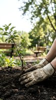 Person planting young sapling in soil wearing work gloves in garden setting with blurred trees and benches in background, suitable for environmental and gardening projects.