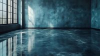 Moody empty room with polished concrete floor reflecting window light, dramatic teal walls and atmospheric fog creating mysterious ambiance. Perfect for architectural design.