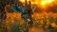 Giraffe grazing in wildflower meadow during golden sunset, head lowered among yellow blooms with dramatic backlit atmosphere and glowing orange sky.