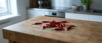 Fresh red chili peppers on wooden cutting board in modern kitchen interior with white cabinets and natural lighting for cooking and food preparation.